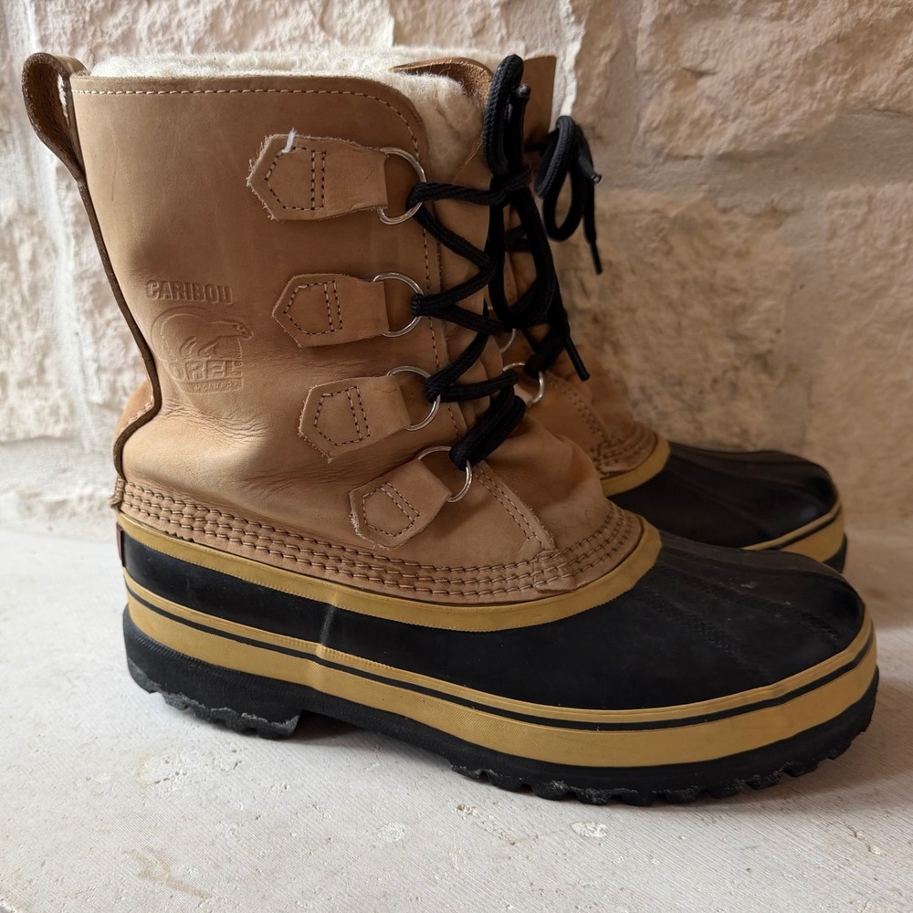 Sorel Caribou Womens 9 Winter Snow Boots Made in Canada Tan Black Leather Rubber